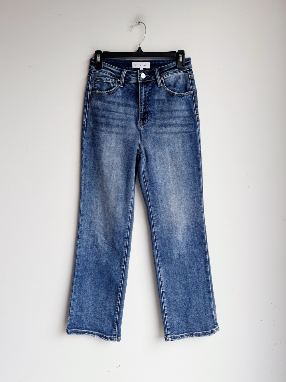 Risen High Rise Straight Crop Jeans Medium Wash Stretch Denim 5/27